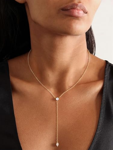 Lariat Gold Necklace for Women, Dainty Long Necklaces 14k Gold Plated Y-Shaped Layered Drop Necklaces for Women Trendy Simple Gold Jewelry for Prom Vacation Gifts - color: Two CZ Y Necklace-Gold