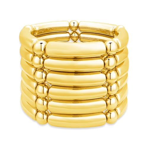 YBMYCM 5PCS Gold Chunky Bangles Bracelets for Women | 14k Gold Plated Stackable Layered Curved Bamboo Tube Stretch Bracelets Bangle Gift Jewelry - color: 6pcs G-8mm