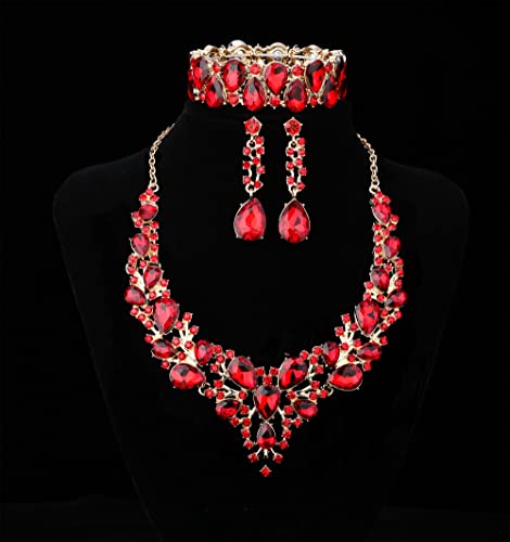 Rhinestone Bridal Jewelry Sets for Women Crystal Necklace Earrings Bracelet Set Silver-Tone Wedding Bridal Bridesmaid Gifts fit with Wedding Dress - color: B:3pcs-Red Tone Necklace + Earrings + Bracelet set