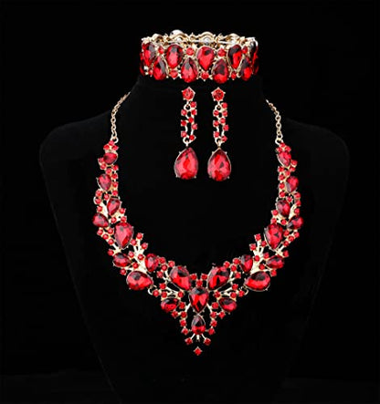 Rhinestone Bridal Jewelry Sets for Women Crystal Necklace Earrings Bracelet Set Silver-Tone Wedding Bridal Bridesmaid Gifts fit with Wedding Dress - color: B:3pcs-Red Tone Necklace + Earrings + Bracelet set