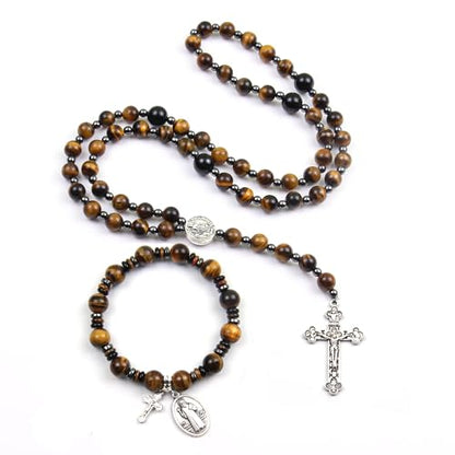 Rosary for Men Women, Natural Stone Beads with St. Benedict Bracelet | 8 mm Natural Stone Prayer Beads with 10 mm Accent Beads, St. Benedict Crucifix, Matching Bracelet, Gift Box and Pouch. - color: Tiger Eye