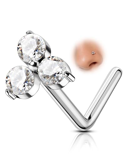 COCHARM Minimalist Titanium Nose Stud, 20g L Shape Flower Nose Ring Stud Cute G23 Titanium Surgical Steel Silver Nostril Piercing with Clear CZ Hypoallergenic - style: TripleCZ-Silver
