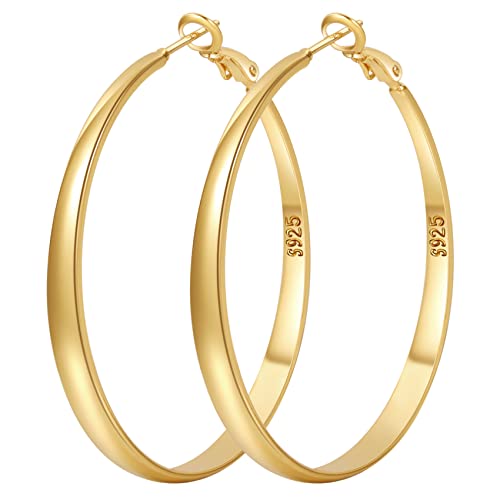 925 Sterling Silver Hoop Earrings Hypoallergenic Large Thin Hoops Earring | Lightweight Big Silver Hoops Hypoallergenic Large Hoop Earring for Women Sensitive Ears Oversize Hoops 30/40/50/60/70mm - color: 50mm Gold