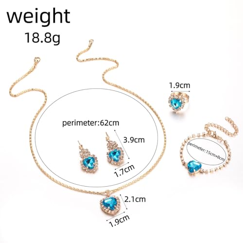 4 Pcs Heart Jewelry Set for Women fashion Cubic Zirconia Pendant Necklace Bracelet Earrings Dainty Open Ring Charm Prom Party, Birthday Valentines Mothers Day Christmas Jewelry Gift - style: Lake Blue