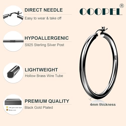 4mm Thick Gold Chunky Earrings Steling Silver Post Hoops Earrings For Women Hollow Tube Hoops Earrings Thick Gold Hoop Earrings Hypoallergenic Lightweight Gold Hoop Large Earrings 20/30/40/50/60MM - color: black,4*40mm