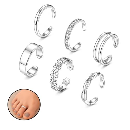 925 Sterling Silver Toe Rings Set for Women – Minimalist 14K Gold Plated Open Adjustable Bands, Simple Beach Foot Jewelry for Summer - color: Silver-6pcs