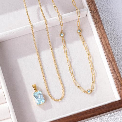 Birthstone Layered Pendant Paperclip Necklace 18k Gold Plated Heart Choker Chain Necklace Emerald Cut Jewelry Birthday Gift for Women - color: Emerald-Cut Aquamarine