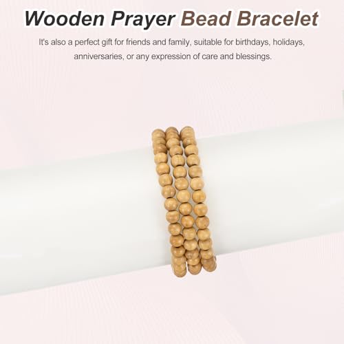 MECCANIXITY Prayer Beads Bracelet, Natural Wooden Bead Mala Bracelets Link Wrist Men Women Beaded Stretch Crafts Bangle - color: Peach Wood Color