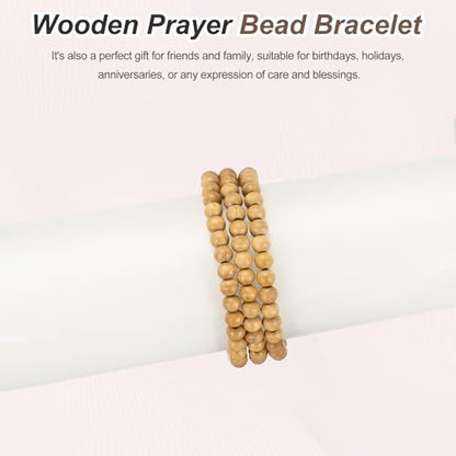 MECCANIXITY Prayer Beads Bracelet, Natural Wooden Bead Mala Bracelets Link Wrist Men Women Beaded Stretch Crafts Bangle - color: Peach Wood Color