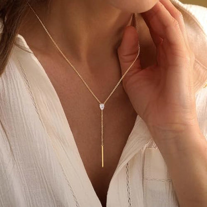 Ewrkbr Long Necklaces for Women, Dainty Gold Drop Necklace 14k Gold Plated CZ Y Shaped Lariat Necklace Simple Gold Necklaces for Women Trendy Summer Beach Accessories Wedding Prom Jewelry Gifts - color: Gold-Bar Drop