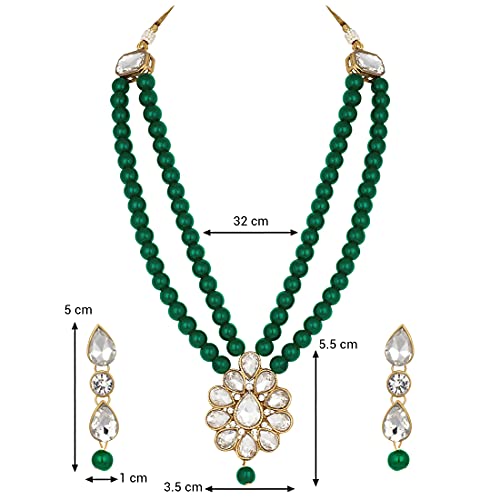 Aheli Wedding Faux Kundan Pendant Beaded Necklace Earrings Set Bollywood Indian Bharatanatyam jewellery set Gift for Women - color: Green