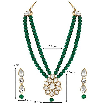 Aheli Wedding Faux Kundan Pendant Beaded Necklace Earrings Set Bollywood Indian Bharatanatyam jewellery set Gift for Women - color: Green