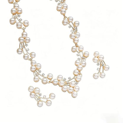 Simulated Pearl Bridal Jewelry Set White Pearl Leaf Pendant Necklace Earrings Set Zinc Alloy Rhinestone Wedding Party Jewelry for Bridesmaids Bride - color: DAN003