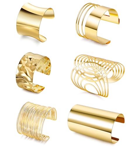 6 Pieces Upper Arm Cuff Arm Band Cuff Bangle Bracelet for Women Hammered Chunky Bracelets Open Wide Wire Bracelets Minimalist Coil Bangle Set Gold Sliver Wrist Cuff Wrap Bracelet Adjustable - color: Gold Cuff Bracelets B