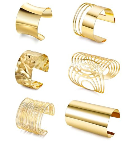 6 Pieces Upper Arm Cuff Arm Band Cuff Bangle Bracelet for Women Hammered Chunky Bracelets Open Wide Wire Bracelets Minimalist Coil Bangle Set Gold Sliver Wrist Cuff Wrap Bracelet Adjustable - color: Gold Cuff Bracelets B
