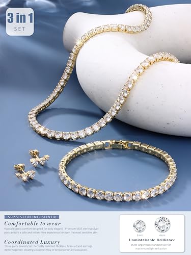 Jstyle 925 Sterling Silver Jewelry Set for Women - Dainty Tennis Necklace Bracelet Earrings Set Hypoallergenic Rhinestone Wedding Jewelry Sets for Brides Bridesmaids Crystal Prom Costume Accessories - color: Style A: 14K Gold Plated