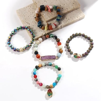 Yomisa 5PCS 6PCS Natural Boho Beaded Bracelets/Bangle for Women Men,Healing Turquoise Jasper Agate Crystal Gemstone Stone Chakra Multilayer Wrap Bohemian Handmade Jewelry Beads Stretch Bracelet Set - color: 5PCS-Colorful