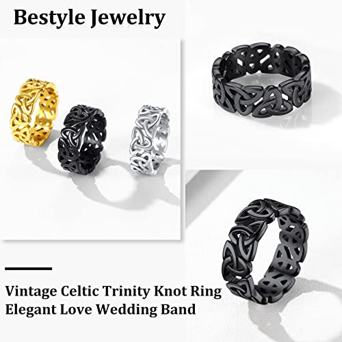 Bestyle Celtic Knot Band Rings for Men Women, Stainless Steel Irish Finger Ring Viking Wedding Bands Jewelry Gift Wedding Promise Gold Silver Black - color: 03.Rhodium Black
