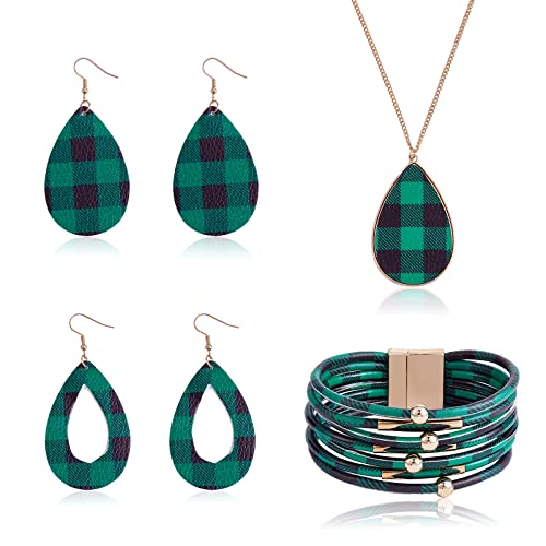 Ornaland 4 Pcs Leather Earrings Necklace Bracelet Set Print Earrings Faux Leather Necklace Multi-Layer Bracelet Jewelry Set Gifts for Women - color: A3