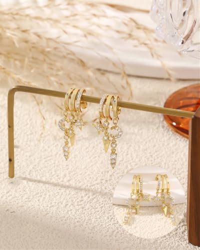 Dangle Gold Earrings for Women Trendy Triple Huggie Chain Earrings 14K Gold Plated Statement Cute Drop Dangle Earrings Dainty Hypoallergenic Chunky Hoop Earrings Fun Earring Stacks Jewelry - color: B-Star Moon Earrings