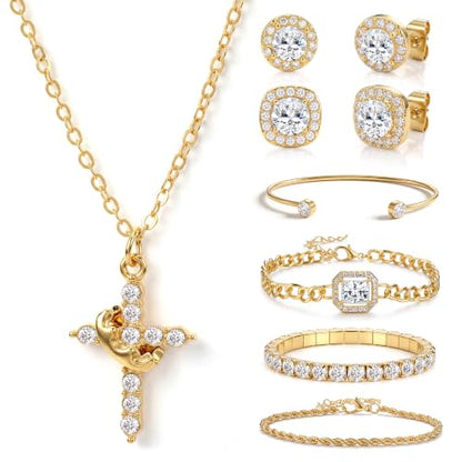 Jewelry Set for Women, 7 Pcs Necklace Earrings Bracelet Set | Crown Cross Necklace,CZ Stud Earrings,Layered Bracelets,Accessories,Adjustable Jewelry,Wedding and Daily Wear,Gold & Silver - color: GOLD