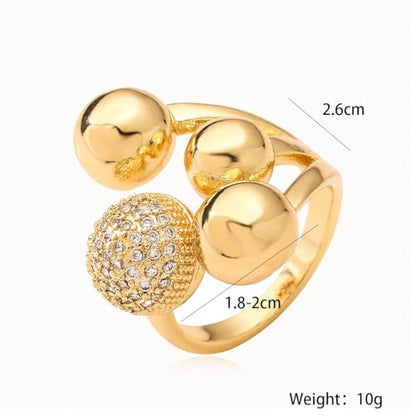 18K Gold Plating Ball Statement Ring Charm Cubic Zirconia Adjustable Open Band Jewelry for Women - color: Gold