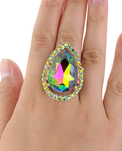 NYFASHION101 Radiant Teardrop Stone Adjustable Cocktail Statement Ring - color: Encircled Teardrop, Green Tint Aurora Borealis/Gold-Tone