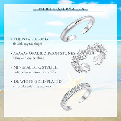 Sfoni 3Pcs Toe Rings for Women Men, Adjustable Open Toe Ring 18K Gold Cubic Zirconia Moonstone Daisy Flower Simple Thin Band Hug Rings Stackable Hawaiian Summer Beach Foot Jewelry Set - color: #Style 1-Silver-3pcs