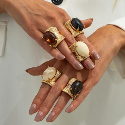 Chunky Gold Square Knuckle Finger Ring Set 5Pcs for Women, Vintage Rhinestone Statement Ring, Resin Swirl Gemstone Open Band Geometric Wide Bangle, Personalized Trendy Jewelry Accessories Gift