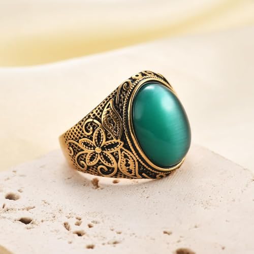 Retro Large Tiger Eye Stone Turquoise Wedding Ring For Men Classical Gothic Stainless Steel Rings - color: Gold-Green