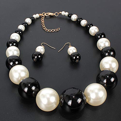 Large Style Big Imitate Pearl Strand Choker Necklace With Earrings Set - color: Multi