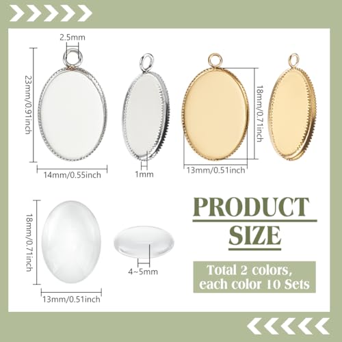 PH PandaHall 40pcs 304 Stainless Steel Pendant Tray Kit, 20pcs Oval Pendant Blank Bezel 20pcs 18x13mm Glass Clear Cabochon Dome Photo Pendants for Necklace Wedding Bouquet Graduation Photo Charm, 2 Colors