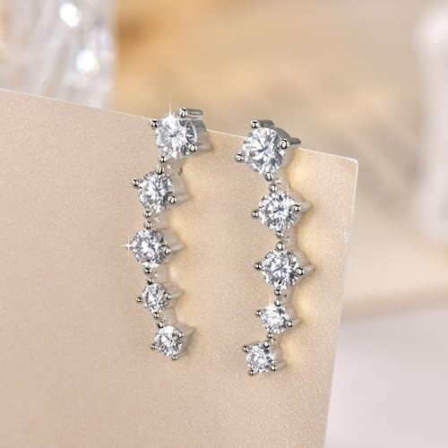 Moissanite Crawler Stud Earrings for Women, 14K Gold Plated Imitation Diamond 2.4 Carats Earrings Jewelry Valentine Anniversary Day Birthday Gifts for Her - color: Silver