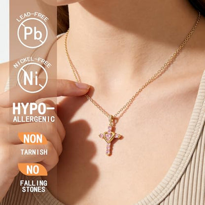 Cross Necklace for Women, Silver Cross Pendant Necklaces | 14K Gold Plated, Dainty CZ Cross Necklace, Non Tarnish and Hypoallergenic Jewelry for Women, Christian Religious Faith Gifts - color: B-Pink-Gold