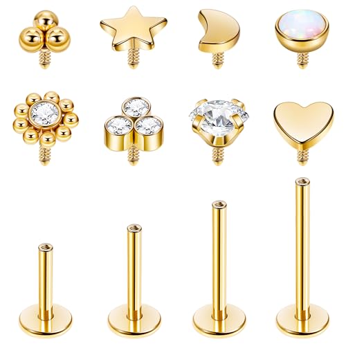 NICEIGHT 16G 18G 316L Stainless Steel Internally Threaded Labret Monroe Studs Lip Rings Stud for Women Men Flat Back Cartilage Tragus Earrings Studs Forward Helix Earrings Conch Medusa Piercing - color: Gold, size: 18G