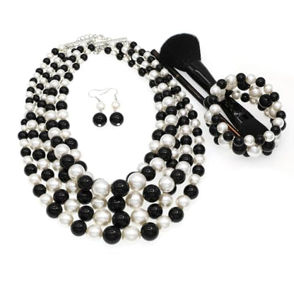 Faux Big Pearl Srand Necklaces for Women 5 Layers Pearls Choker Bib Collar Necklace Bracelet and Earrings set 1920s Costume Pearl Jewelry Bridal Wedding - color: black white