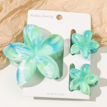 Flower Hair Clips for Women Girls Claw Clips Set Emerald-Green Plumeria with Marble Design Barrettes Summer Hair Clip Fashion Hair Styling Accessories for Thick Thin Hair(3Pcs:1Large 2Small) - color: Emerald-Green
