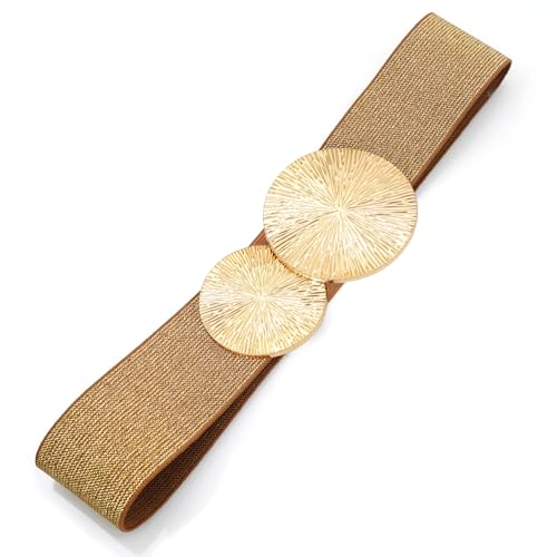 Women Wide Stretchy Waist Belts Elastic Cinch Belt for Dresses - color: Bling Brown Band Gold Buckle, size: Fit Waist 30"-32"