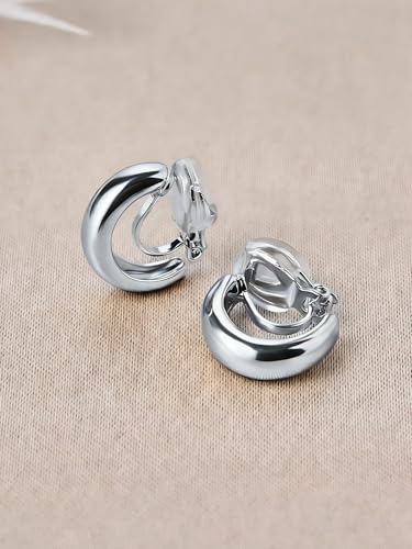 FAN&LOUIS Gold Silver Clip On Hoop Earrings,14K Gold Plated Chunky Gold Small Huggie Hoops Clip-On Earrings for Women│Small Wide Round Hoop Clip On Earrings - style: Silver