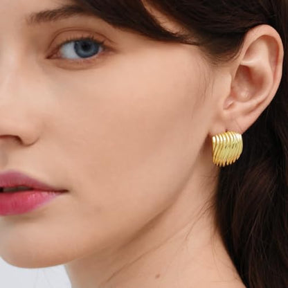Gold Chunky Statement Earrings for Women, Trendy 14K Gold Plated Square Geometric Vintage Drop Dangle Designer Stud Earrings, Jewelry Gift - style: striped-gold