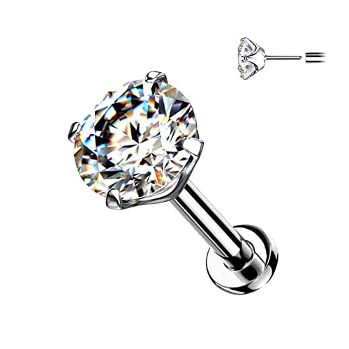 16G-20G G23 Implant Grade Titanium Threadless Push in Prong Set CZ Crystal Top Flat Back Labret Monroe Lip Nose Cartilage Helix Tragus Conch Ear Lobe Barbell Stud - style: 16G; Length: 5/16"(8mm); CZ:3mm