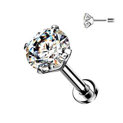 16G-20G G23 Implant Grade Titanium Threadless Push in Prong Set CZ Crystal Top Flat Back Labret Monroe Lip Nose Cartilage Helix Tragus Conch Ear Lobe Barbell Stud - style: 20G; Length: 5/16"(8mm); CZ:2mm