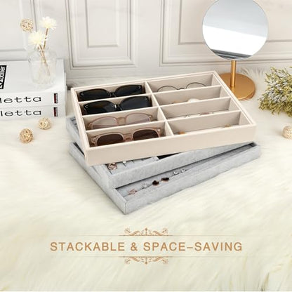Emibele Sunglass Organizer Jewelry Tray, 8 Grids Velvet Glasses Watch Storage Stackable Tray, Eyeglasses Jewelry Showcase Display Organizer，Beige | Detachable Glasses Eyeglasses Jewelry Watch Storage Showcase Display Tray, Beige - style: B1- eight Grids-B