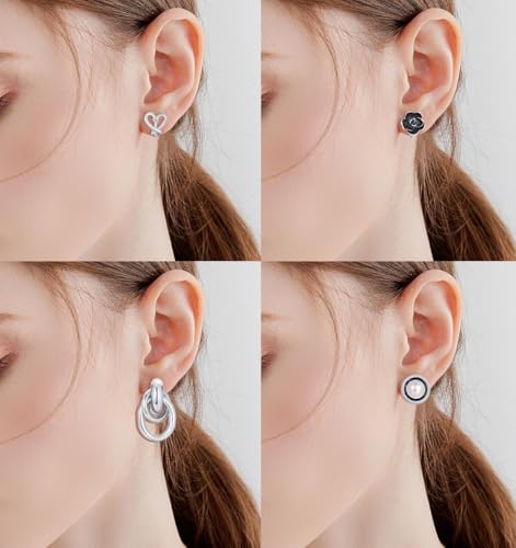 Tornito 10-15 Pairs Clip on Stud Earrings Non Pierced Teardrop Round Square CZ Pearl Twist Knot Flower Butterfly Heart Star Rainbow Cat Opal Clip on Earrings for Women - color: L:10 Pairs Silver Tone