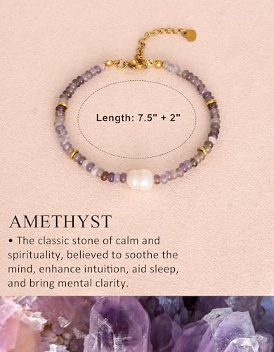 Gemstone Beaded Bracelets with Freshwater Pearl | Crystal Beaded Bracelet Boho Natural Stone Trendy Jewelry Gifts - color: Purple