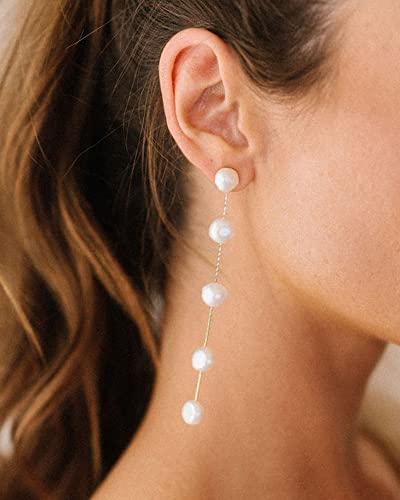 Clip-On Pearl Dangle Earrings - Baroque AAA+ Freshwater Pearl Long Drop Earrings for Women - Elegant Dangling Earrings - color: White Gold