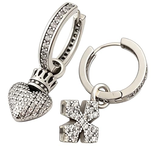 925 Silver Dangle Earrings for Women Sparkly Trendy Dainty Cute Crown Heart Cross CZ Drop Earring Fun Bling Asymmetrical 2000s Y2k Fashion Huggie Hoops Dangling Streetwear Jewelry Accessories - color: S