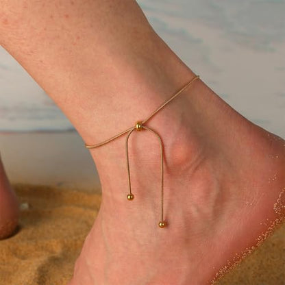 Gold Anklet for Women Adjustable Slider Ankle Bracelet Dainty Snake Chain Foot Jewelry Waterproof Summer Beach Anklets Gifts - color: Gold