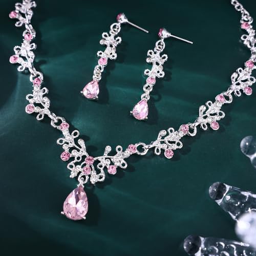 Crystal Crown Jewelry Set for Women Bride Queen Tiara Earrings and Necklace | Metal Royal Crown Costume Jewelry Set Wedding Prom Quinceanera Party Pageant Halloween Retirement Christmas Birthday Gift - color: Silver Pink