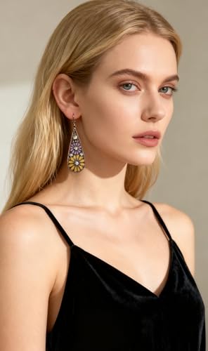 Bohemian Crystal Teardrop Dangle Earrings, Copper, Tribal Geometric Design, Handmade National Style for Women - color: Yellow